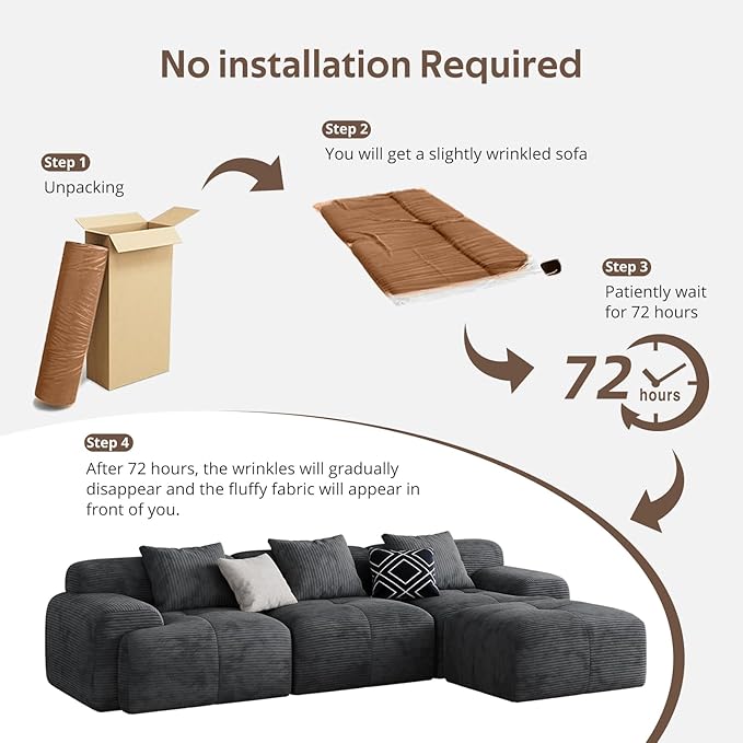Modern L-Shaped Modular Sectional Sofa for Living RoomOversized 3-Seater Couch with Deep Seat and Movable Ottoman – No AssemblyComfortable Suede Fabric Boneless Sofa(Dark Gray) (Dark Gray)