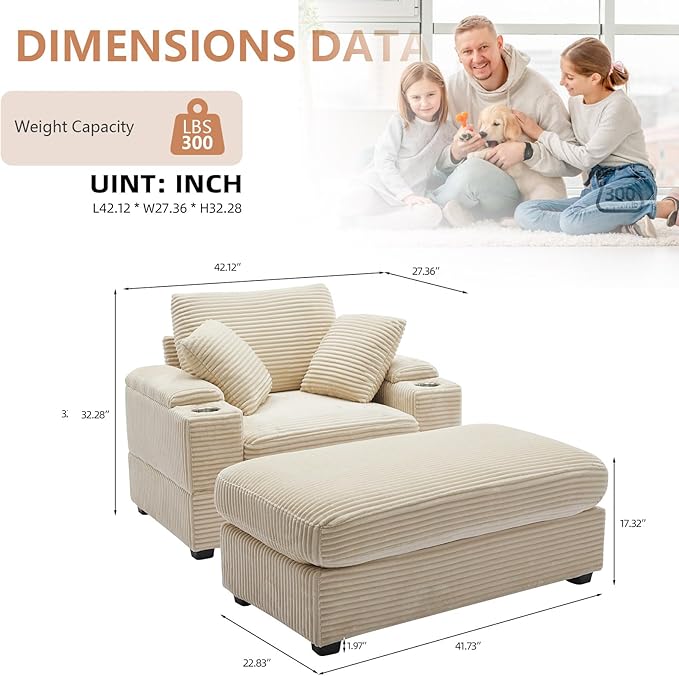 50 Oversized Chaise Lounge Chair Indoor with Ottoman and Storage Comfy Corduroy Sleeper Chair with Cup Holder Deep Seat Upholstered reading Chair Reclining Chair for Living Room Bedroom(Beige)