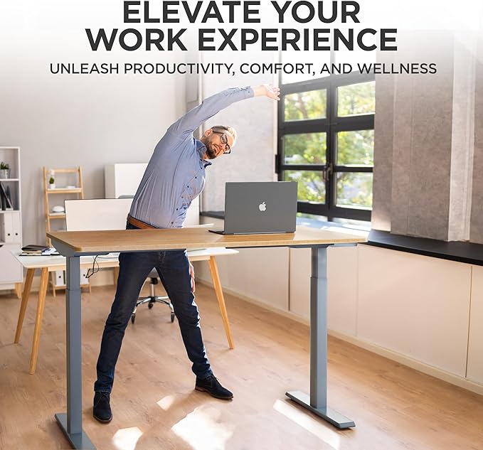 RISE UP dual motor electric standing desk 60x30 black bamboo desktop premium ergonomic adjustable height sit stand up home office computer desk table motorized powered modern furniture small standup