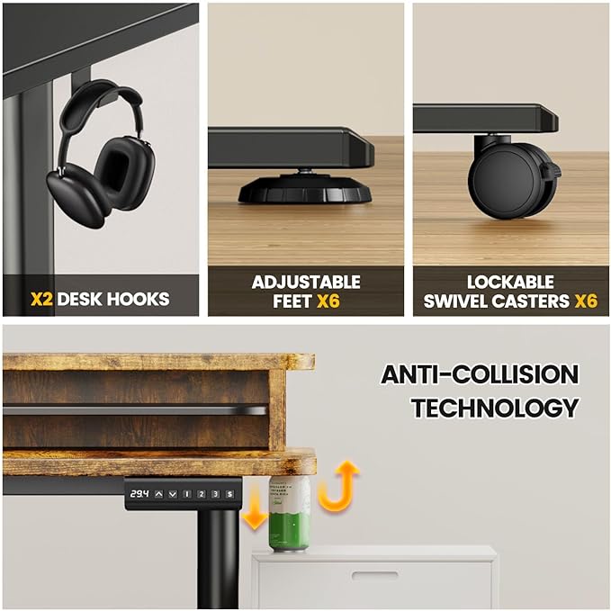 Flycity Electric L Shaped Standing Desk with Drawers 63 x 55 Corner Standing Desk Adjustable Height Stand Up Home Office Desk Dual Motor Sit Stand Desk with 3 Memory Preset &amp Lock Brown