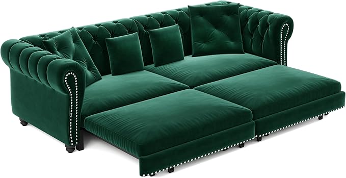 Eafurn 3 in 1 Oversized Chesterfield Loveseat Sofa Convertible Pull Out Sleeper Sofabed King Size Couch Bed w/Movable Ottoman and Nailhead Trim for Living Room Tufted Velvet Recliner Daybed Sofacama