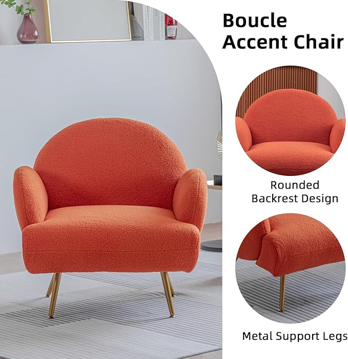 Orange Accent Sherpa Chair Comfy Boucle Chair for Reading Bedroom Living Room with Golden Metal Legs Teddy Tufted Backrest Sofa Armchair Side Chair