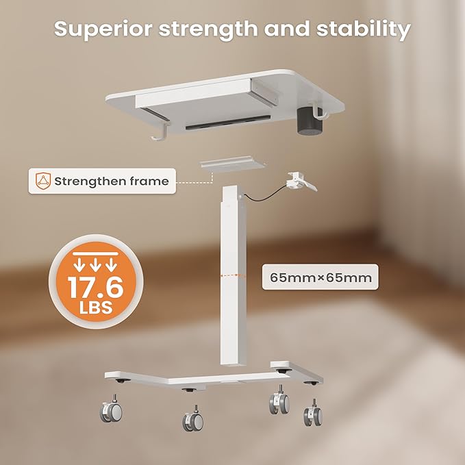 Monomi Mobile Standing Desk with Drawer 28 Rolling Desk with Cup Holder and Hooks Portable Laptop Cart on Wheels Height Adjustable Workstation with Storage for Home Office White Furniture