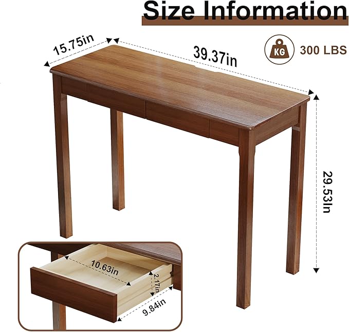 39 Inch Solid Wood Writing Desk with Drawers - Narrow Desk for Small Spaces Mid Century Modern Computer Desks Wooden Vintage Desks Study Table for Home Office Bedroom Walnut