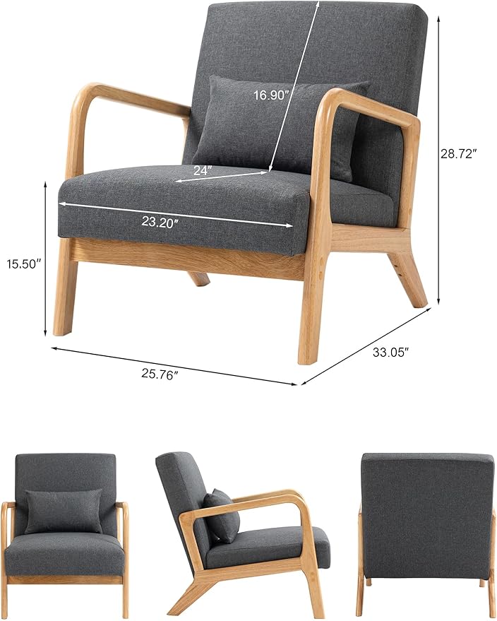 Accent Chair Mid Century Modern Armchair with Pillow Upholstered Lounge Sofa Reading Side Chair for Living Room Bedroom（Dark Grey Set of 1