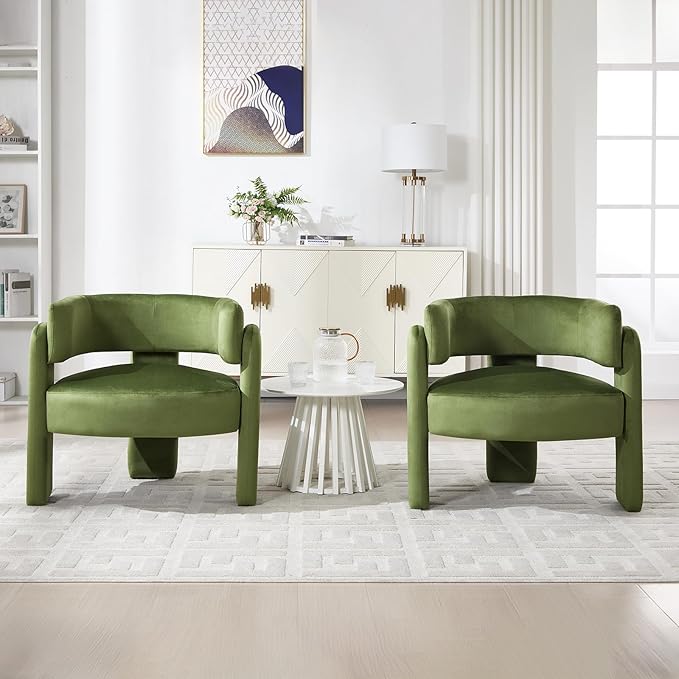 Barrel Accent Chair Mid Century Modern Upholstered Living Room Chairs with Wooden Legs Comfy Velvet Reading Arm Chair for Bedroom Makeup Room Green