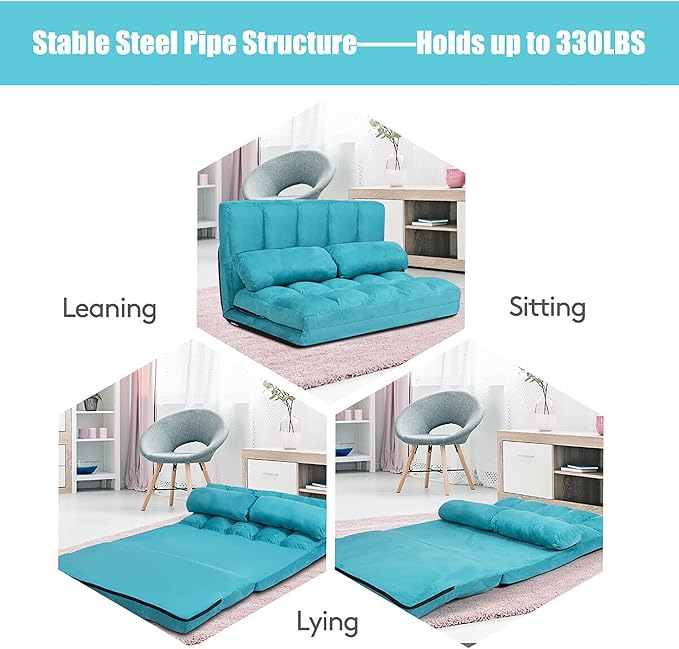 DORTALA Foldable Floor Sofa 6-Position Adjustable Lounge Couch with 2 Pillows &amp Suede Cloth Cover Modern Lounge Mattress Video Gaming Lazy Couch Suede Floor Seating Sofa 71 x 44.5 Blue