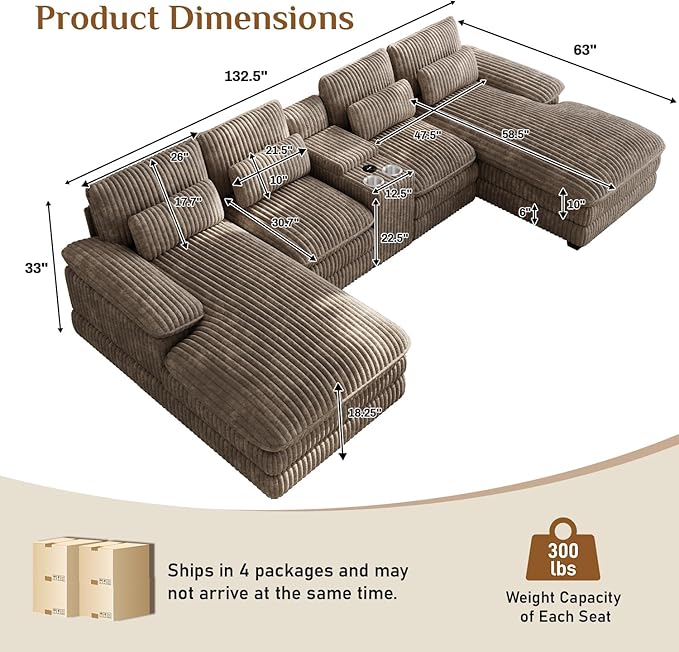 133 Oversized U Shaped Cloud Couch Modular Sectional Couches for Living Room Comfy Corduroy Deep Seat Sofa Set with Double Chaise Lounge Storage Central Console Cup Holders USB Port Brown