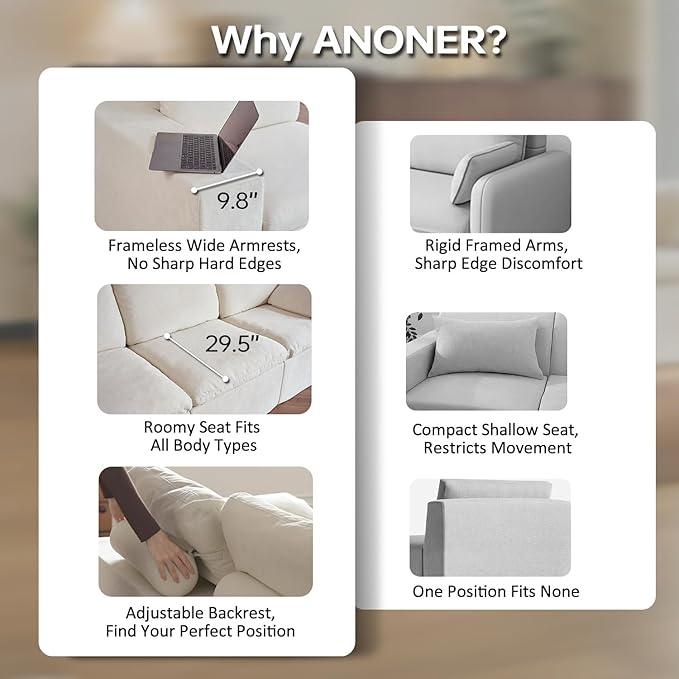ANONER 78 Loveseat Sofa Deep Seats Cloud Sectional Couches for Living Room 2 Seater Boneless Couch Modern Modular Loveseats No Assembly Beige | Adjustable Backrest Premium Chenille 29.3 Deep