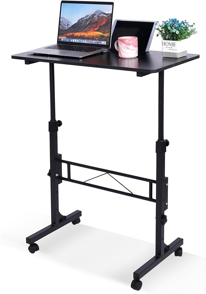 Standing Desk Adjustable Height Mobile Stand Up Desks with Wheels Small Computer Desk Rolling Desk Portable Laptop Desk Black Standing Table Sit Stand Home Office Desks 16x31.5 Height 27-43.5
