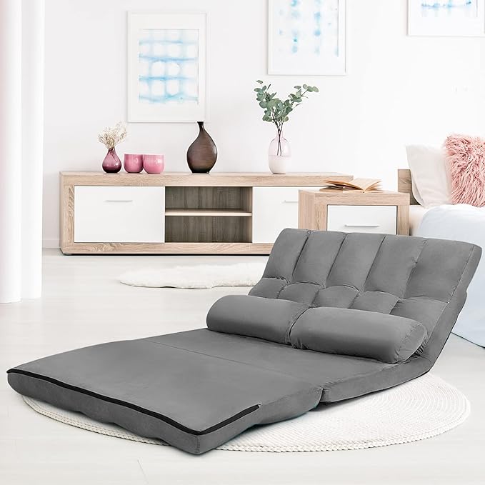COSTWAY Floor Sofa Couch with 2 Pillows Foldable 6-Position Adjustable Lazy Sofa Bed Sleeper with Metal Frame Soft Suede Fabric Gaming Playing Lounge Recliner for Adults (Grey)