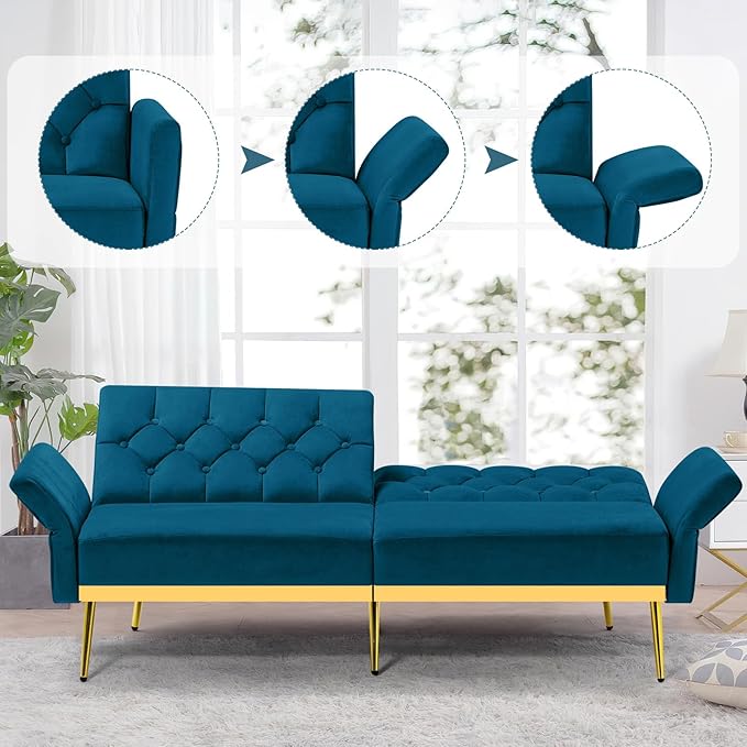 Tufted Velvet Futon Sofa Bed w/Adjustable Armrests &amp Backrests Comfortable Sleeper Couch Modern Convertible Love seat Sofa for Living Room Bedroom Apartment Teal