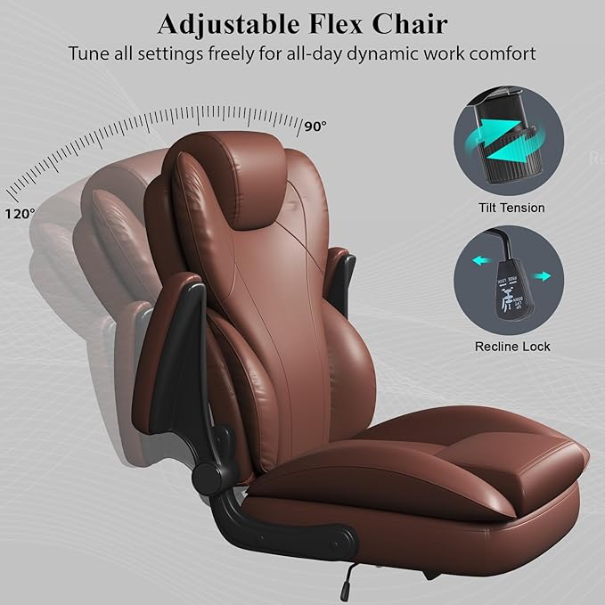 Office Desk Chair Executive Leather Office Chair High Back Ergonomic Home Desk Chair with Padded Flip-up Arms Big and Tall Computer Chair with Rocking Function 360°Swivel Free Light Brown