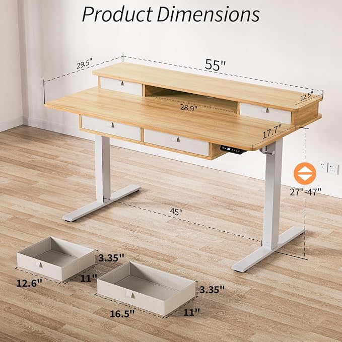 Kingant 55 x 30 Inch Electric Standing Desk with 4 Drawers Adjustable Height Computer Desk for Home Office Large Workstation Sit Stand Up Desk with Built-in USB A/C Charging Ports Nature
