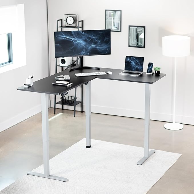 VIVO Corner Standing Desk 63 x 55 inch Reversible L-Shaped Workstation Electric Height Adjustment Home Office and Reception Rooms Black Table Top Gray Frame DESK-E3CTGB