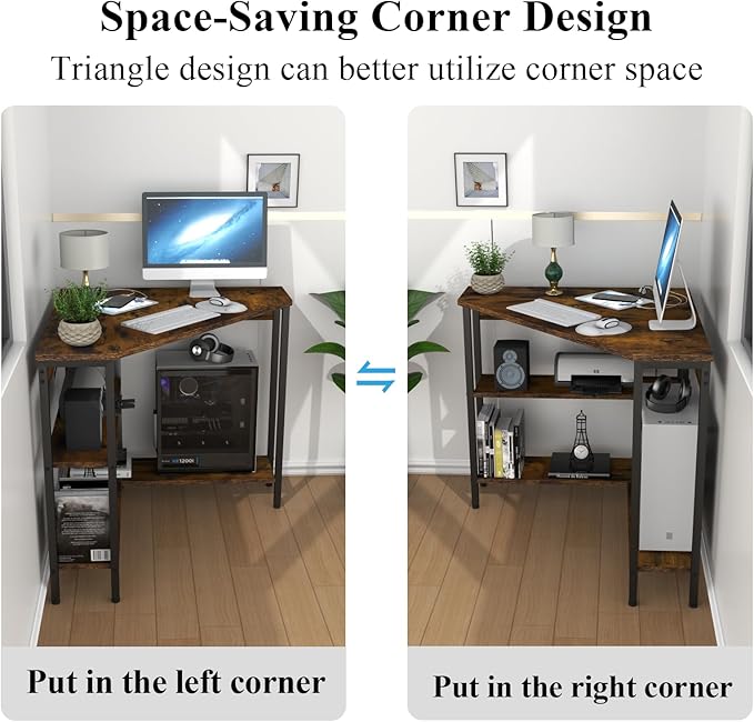 Auromie Corner Desk with Outlets &amp USB Ports 90 Degree Triangle Corner Table with CPU Stand &amp Storage Shelves for Small Space Computer Table with Charging Station for Home Office Bedroom (Ru