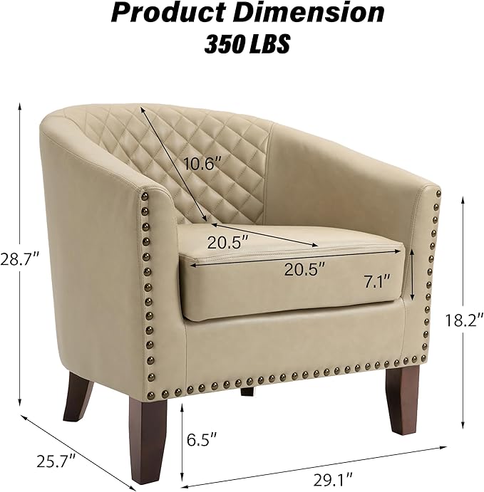 Faux Leather Accent Chairs Set of 2 Upholstered Barrel Club Chair for Living Room Comfy Round Armchair with Nailed Trim for Bedroom Office-Beige