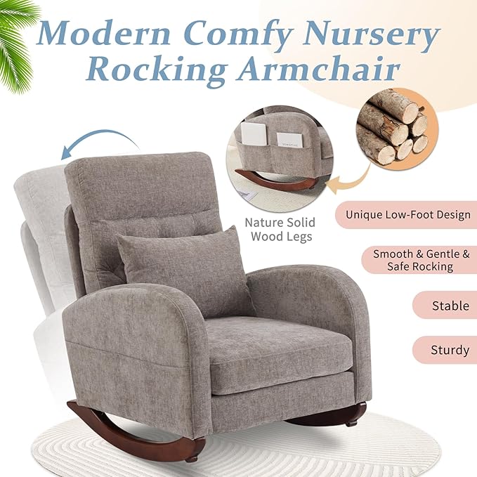 VINGLI Chenille Low Seat Rocking Chair Upholstered Nursery Glider Chair with Side PocketsAccent Arm Chair with High BackrestComfy Head Rest and Solid Wood Base For Living Room Bedroom BalconyGrey
