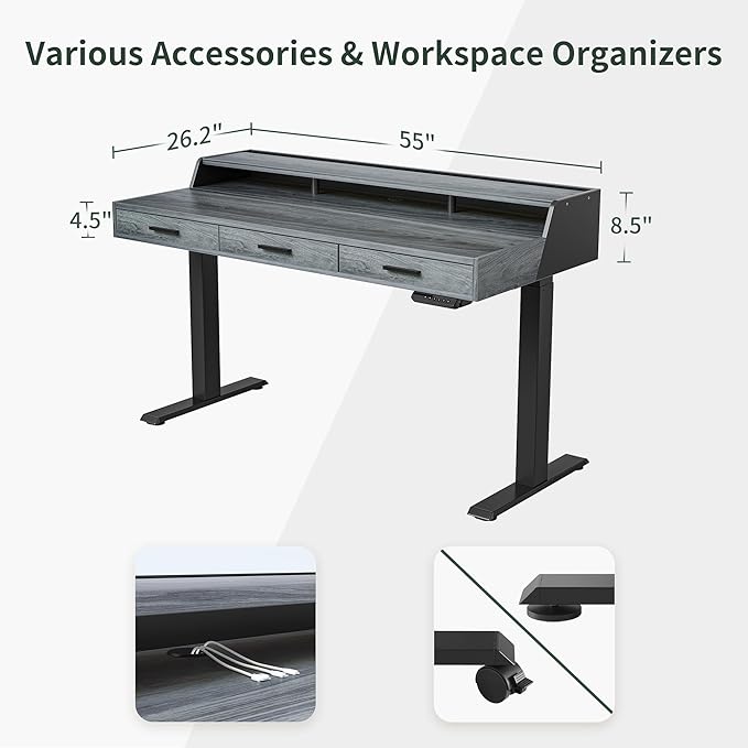 CubiCubi Standing Desk 55x26 Inches with 3 Wood Drawers and Monitor Shelf Ergonomic Rising Home Office Desks Height Adjustable Computer Desk Sit Stand Up Electric Workstation Table Rustic Grey