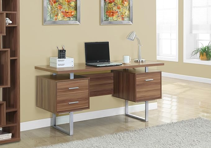 BOWERY HILL Computer Desk 60 W x 24 D x 30 H Walnut Finish Metal Legs 2 Drawers and File Drawer Floating Top Design Modern Home Office Desk for Laptop and Writing