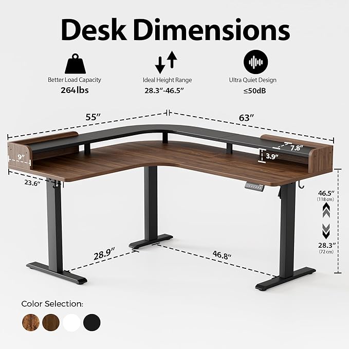 Agilestic L Shaped Standing Desk Corner Desk with Monitor Shelf Adjustable Height Gaming Table Sit Stand Up Table 63 x 55 Inch Home Office Computer Workstation Splice Board Dark Walnut