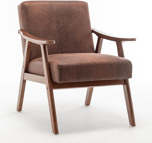 Mid Century Modern Accent ChairComfy Fabric Reading Chair with Retro Solid Wood Frame &amp High Back Upholstered Lounge Arm Side Chair for Living Room Bedroom Balcony (Coffee Imitation Leather)