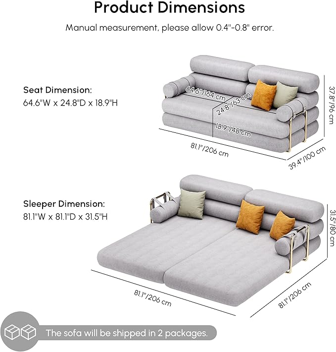 homary Velvet Futon Sofa Bed 81 3-Seater Convertible Couch with Detachable Pillows Stainless Steel Legs Modern Sleeper Sofa for Living Room &amp Apartment (Light Gray)