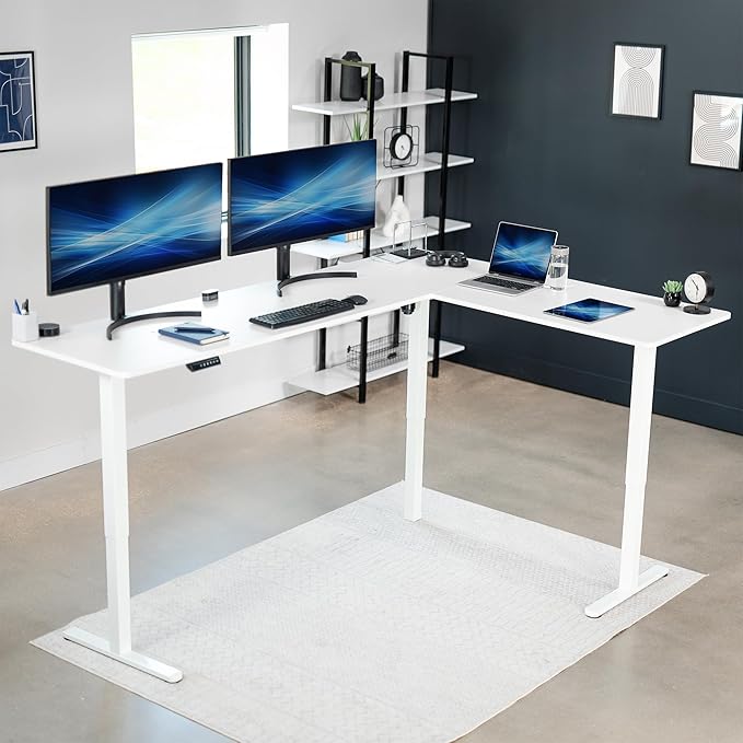 VIVO Corner Standing Desk 84 x 63 inch Reversible L-Shaped Workstation Electric Height Adjustment Home Office and Reception Rooms White Table Top White Frame DESK-E3CTWW-84