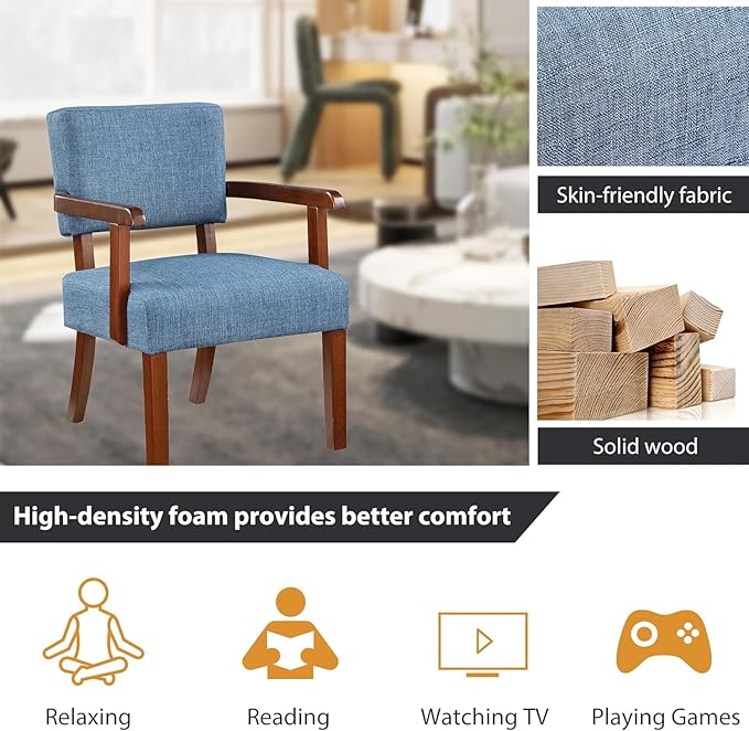 HMFULE 24.25'' Mid Century Accent Chair Set of 2 with Round Wood Table Modern Fabric Arm Chair for Living Room Bedroom Reading Room(Blue)