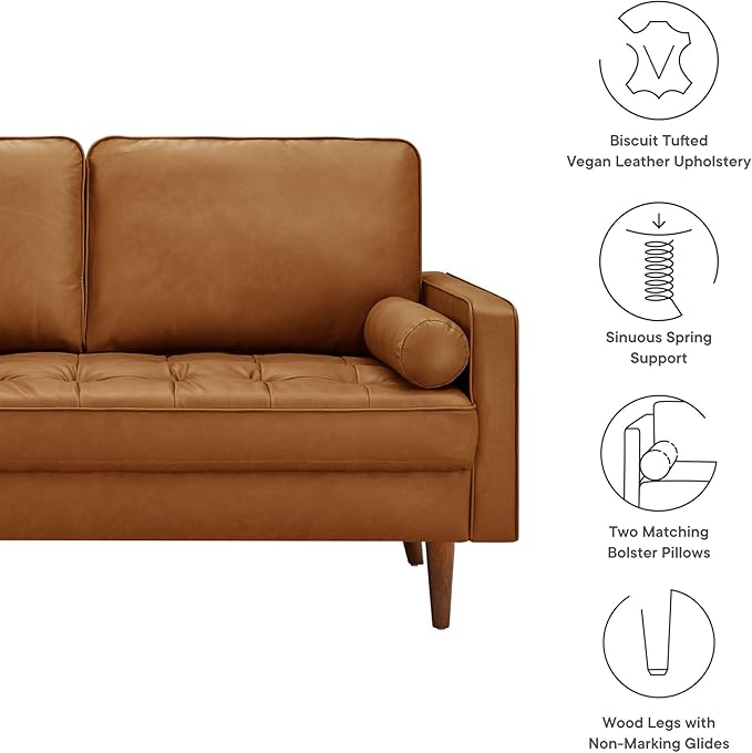 Modway Valour 62 Inch Faux Leather Loveseat in Tan – Wide Faux Leather Loveseat Sofa with Wood Legs - Small 2-Seater Sofa with Tufted Seat for Living Room or Office