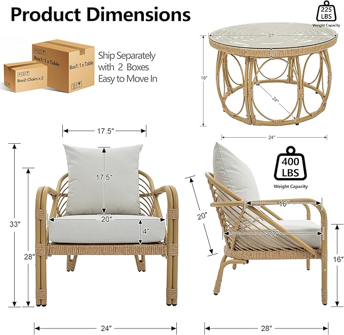 Living Room Chairs Aluminum Accent Chairs Set of 2 Comfortable Arm Chair with Glass Coffee Table Bedroom Accent Lounge Chair Boho Rattan Armchairs Modern Loveseat for Apartment Beige