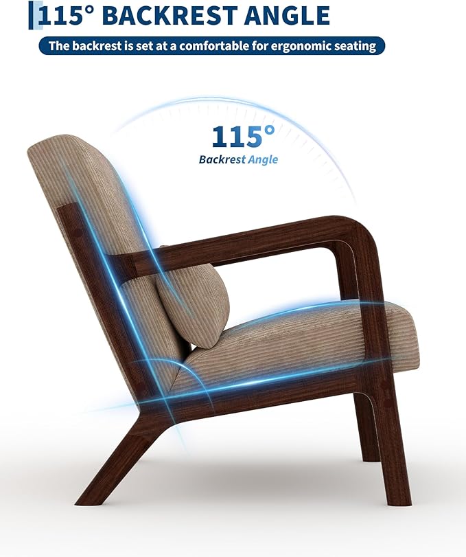 Garvee Mid-Century Modern Accent Chair Wide-Wale Corduroy Upholstery Solid Wood Armchair with Removable Lumbar Pillow Sturdy Reading Chair for Living Room Bedroom Guest Room Easy Assembly Brown