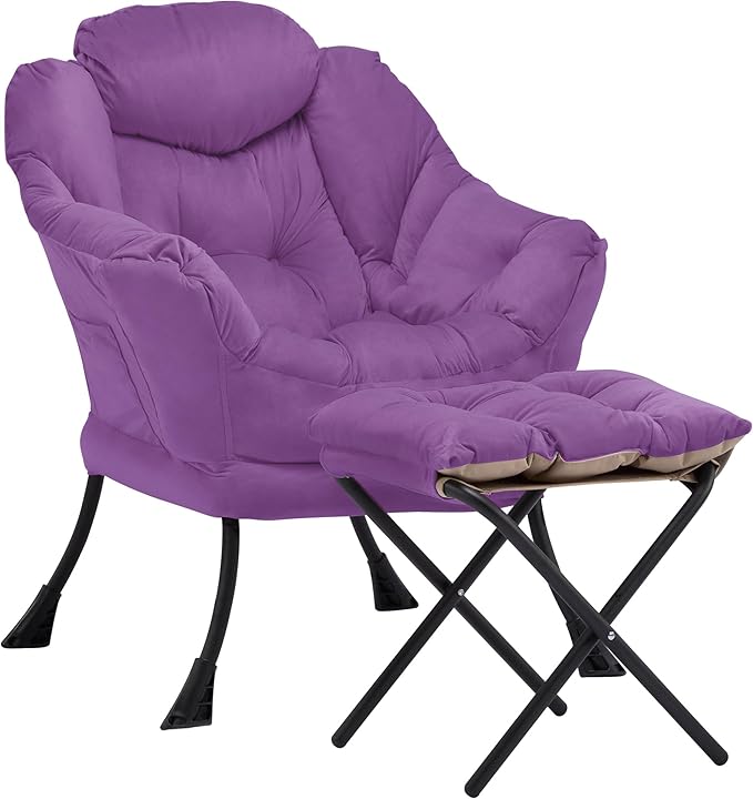 Lazy Chair with Ottoman Comfy Accent Lounge Chair with Side Pocket Modern Reading Armchair with Footrest Upholstered Sofa Chair for Small Spaces Bedroom Living Room Dorm Purple