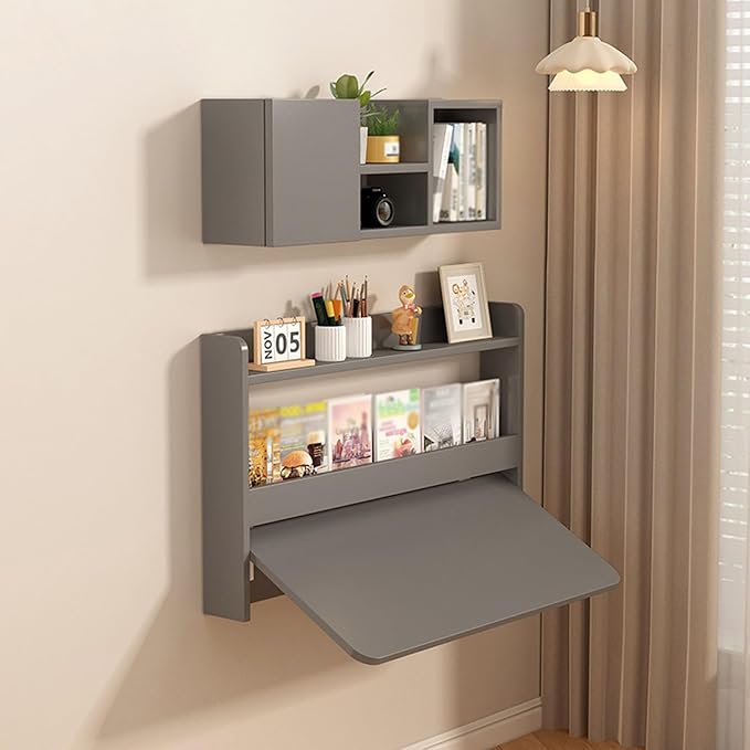 Wall Mounted Folding Table with BookshevesFloating Desk with BookcaseWooden Fold Down Laptop Table for Small SpaceHome Office BedroomStudy RoomDormGrey
