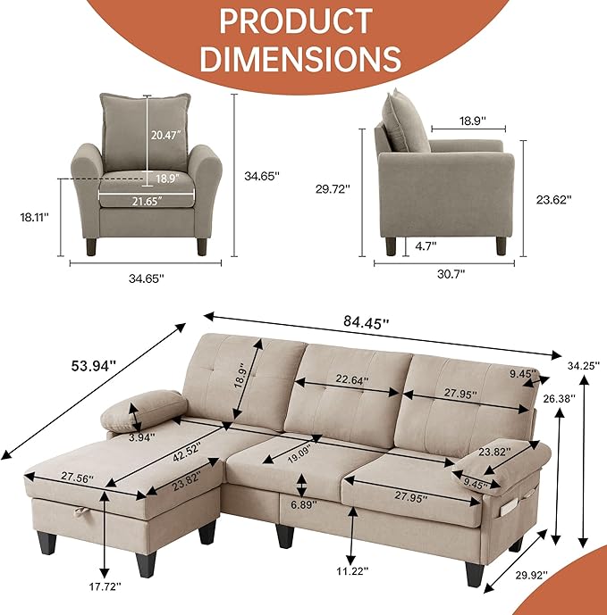 2PCS Sectional Sofa Set with OttomanModern Linen 4 Seater Couch Set with Side Pockets 3 Seat Couch and Armchair for Small Space(3+1Seat/Beige)