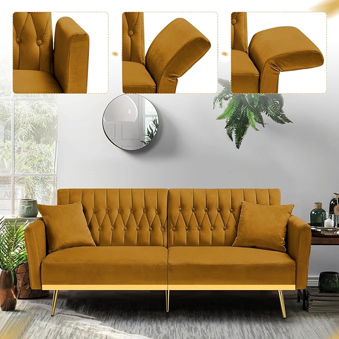 70” Velvet Futon Sofa Bed with 2 Pillows and Adjustable Armrests Convertible Sleeper Bed W/Adjustable Backrests Modern Loveseat for Living Room Bedroom Ginger