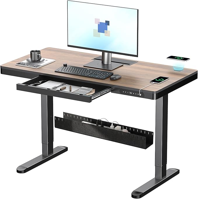 Electric Standing Desk with Drawer and Wireless Charging 48 Inch Sit Stand Desk with USB Charging Station Hidden Cable Management Tray Height Adjustable Computer Desk for Home Office Walnut