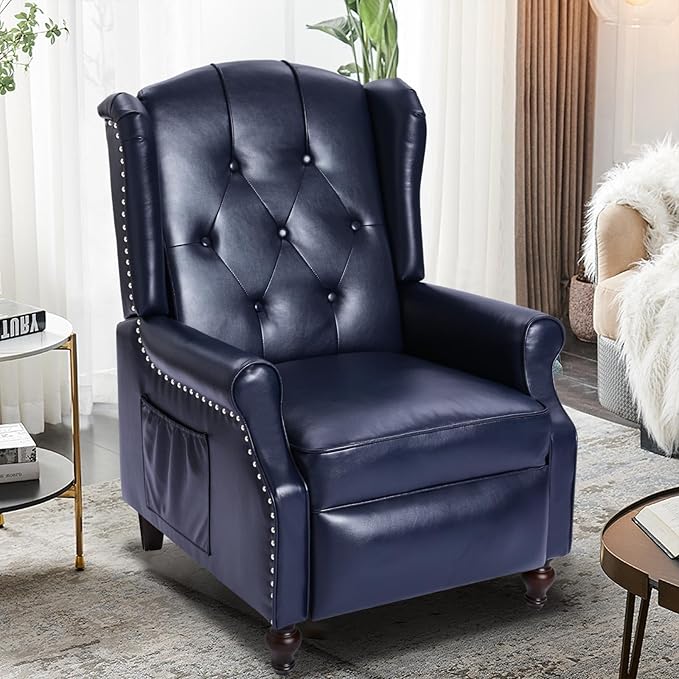 Wingback Recliner Chair with Massage and Heat PU Leather Push Back Arm Chair for Living Room Wingback Recliner with Remote Control Padded Cushion Backrest Wooden Legs