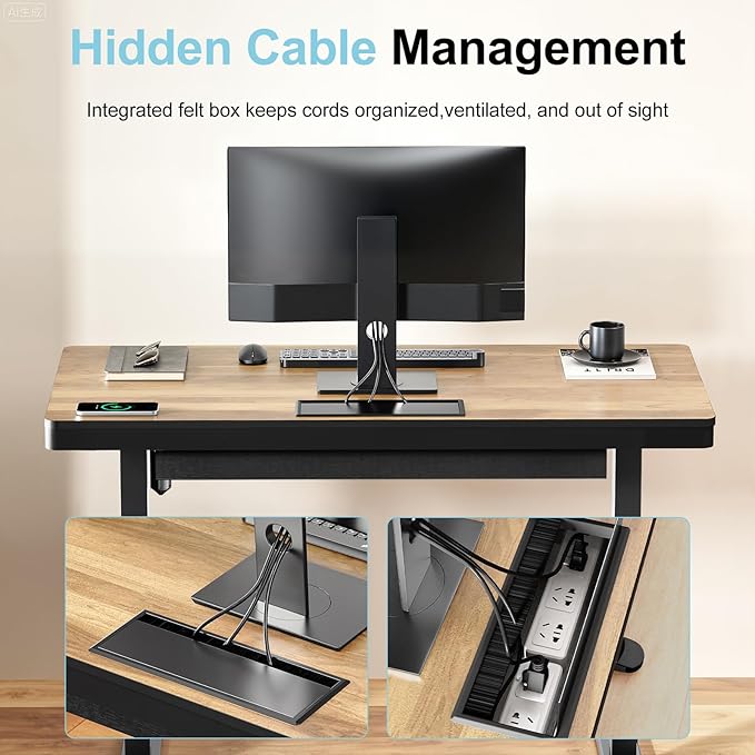 Electric Standing Desk with Drawer and Wireless Charging 48 Inch Sit Stand Desk with USB Charging Station Hidden Cable Management Tray Height Adjustable Computer Desk for Home Office Walnut