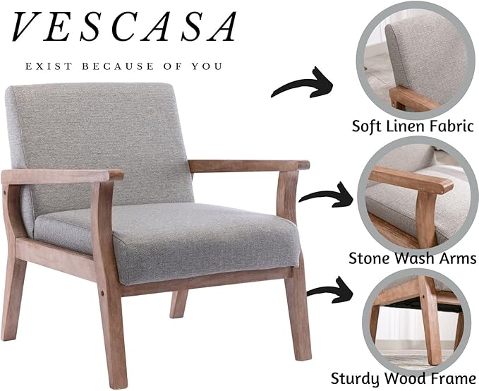 VESCASA 23.2 W Accent Chairs Set of 2 with Arms Farmhouse Side Chairs with Upholstered Seat Mid Century Modern Reading Chairs with White Wash Wood Legs for Living Room/Bedroom Light Grey Linen