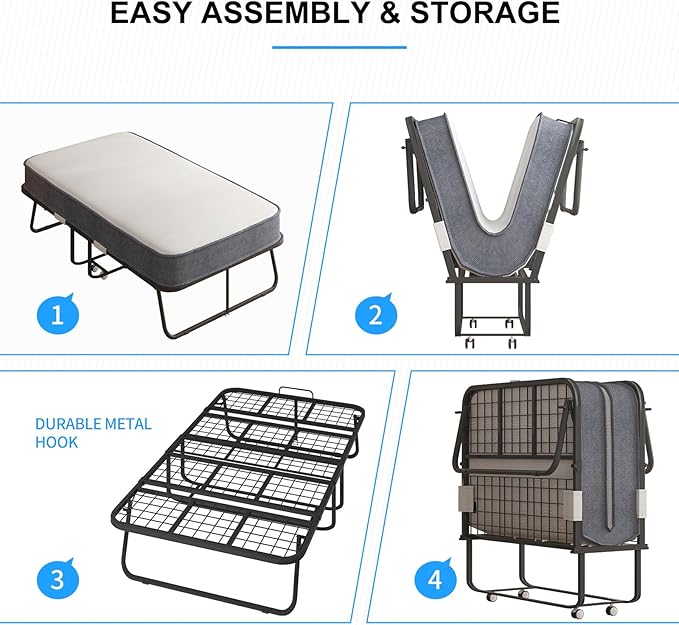 PUREMIND Folding Bed with Mattress for Adults Portable Rollaway Guest Beds with 5 Memory Foam Mattress &amp Metal Frame Twin Size Foldable Beds Fold Away Bed Space Saving