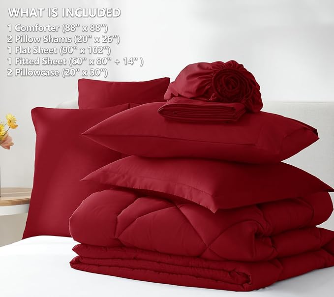 CozyLux Queen Comforter Set Dark Red - Bed in a Bag Queen Size 7 Pieces Luxury Soft Bed Set for All Seasons Bedding Set with Down Alternative Comforter Sheets Pillowcases &amp Shams
