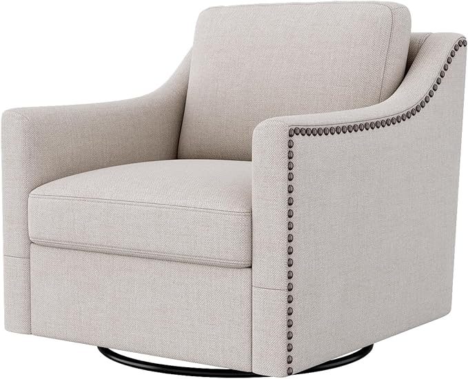 Upholstered Swivel Barrel Chair 31 Wide Modern Fabric Ergonomics Single Sofa Chair Living Room Bedroom Accent Chair Comfy Club Swivel Chair (Cotton Linen White)