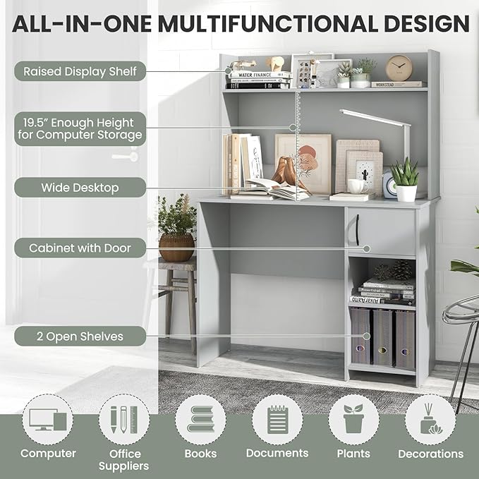 Tangkula Computer Desk with Hutch Home Office Desk with Raised Display Shelf &amp 2 Open Shelves Cabinet with Door Cable Management Holes Modern Laptop PC Desk Study Writing Desk for Bedroom (Gr