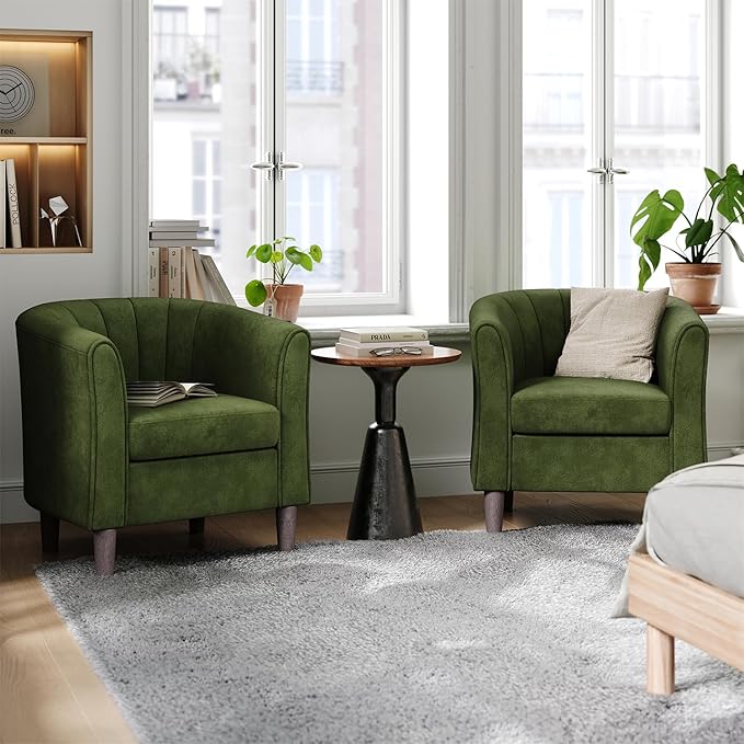 LINSY Accent Chair Set of 2 Velvet Barrel Chair with Ottoman Modern Comfy Small Armchair for Small Spaces Reading Room Living Room Bedroom Kids Room Office Olive