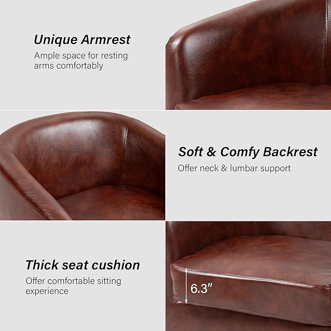 Swivel Barrel Chair Modern Round PU Leather Accent Armchair for Living Room Bedroom Oversized Comfy Club Reading Chairs for Adults (Leather Red Brown Set of 1)