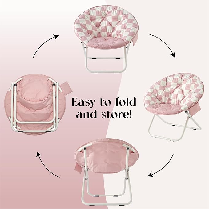 Urban Lifestyle Printed Back Micromink Saucer™ Chair with White Legs and Side Storage Pocket Pink and White Check