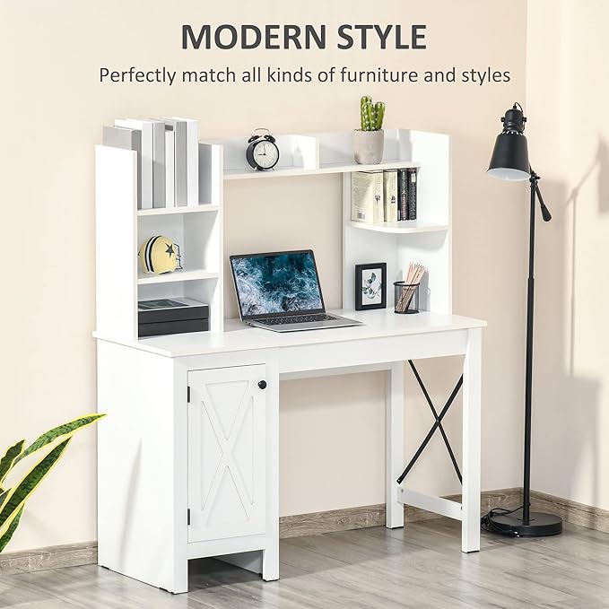 Farmhouse Computer Desk with Hutch and Cabinet Home Office Desk with Storage for Study White
