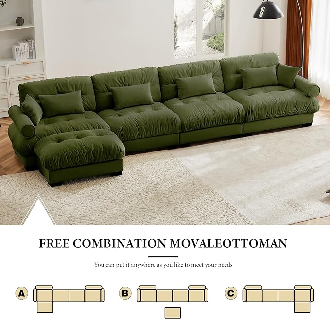 166 Oversized Couch 4 Seater Modular Sectional Sofa Olive Green Large L Shaped Sectional Couches for Living Room Fluffy Couch Set 4 Seater Velvet Cloud with Ottoman Sofas for Living Room