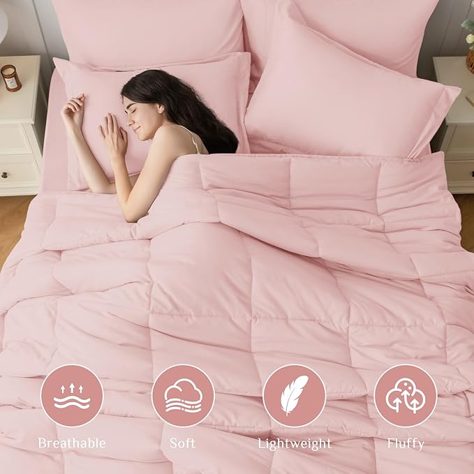 JOLLYVOGUE California King Comforter Set Ultra-Soft Bed in a Bag Cal King Size 7 Pieces Oeko-TEX Certified Bedding Set with Down Alternative Comforter Sheets Pillowcases &amp Shams Blush Pink